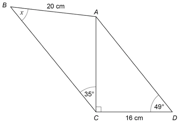 Triangles ABC and ACD share side AC. Angle ACD is a right angle, CD = 16 cm and angle ADC = 49°. AB = 20 cm, angle ACB = 35° and angle ABC = x