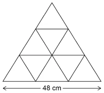 Large triangle with base 48 cm made from small isosceles triangles: three along the bottom row pointing up with two pointing down between them, two in the middle row with one pointing down between them, and one at the top