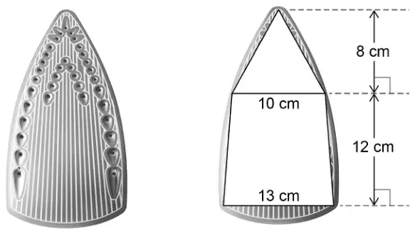 Picture of the base of an iron next to Ralf’s model: a triangle of height 8 cm on top of a trapezium with parallel sides 10 cm and 13 cm and height 12 cm