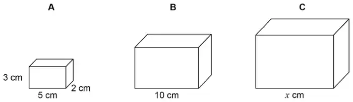 Three similar cuboids. A has length 5 cm, width 2 cm and height 3 cm. B has length 10 cm. C has length x cm