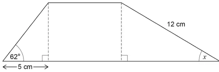 Shape made of a right-angled triangle on the left with base 5 cm and angle 62°, a rectangle, and a right-angled triangle on the right with hypotenuse 12 cm and angle x at the bottom right