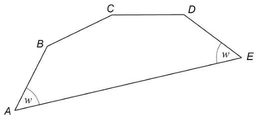 Part of a regular decagon with vertices A, B, C, D, E; A is joined to E. Angle w is marked at A (angle BAE) and at E (angle DEA)