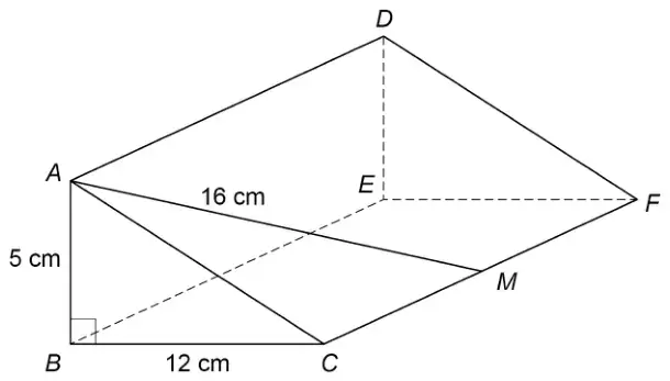 Triangular prism ABCDEF with right angle at B, AB = 5 cm, BC = 12 cm. M is the midpoint of CF and AM = 16 cm