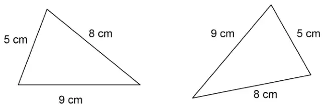 Two triangles. The first has sides 5 cm, 8 cm and 9 cm. The second, in a different orientation, has sides 9 cm, 5 cm and 8 cm.