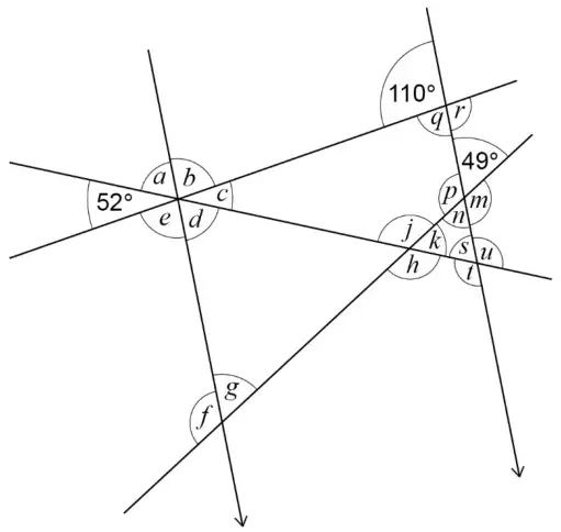 The question diagram with the unknown angles labelled a to u: a, b, c, d, e around the point where lines A, C and D meet; f and g where E crosses A; h, j, k where E crosses C; m, n, p where E crosses B; q, r where D crosses B; s, t, u where C crosses B