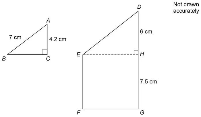 Right-angled triangle ABC with hypotenuse AB = 7 cm, AC = 4.2 cm and the right angle at C. Trapezium DEFG made of triangle DEH on top of rectangle EFGH, with DH = 6 cm, HG = 7.5 cm and a right angle at H, not drawn accurately