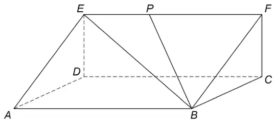 Triangular prism ABCDEF with top edge EF, P a point on EF, and lines drawn from B to E, P and F