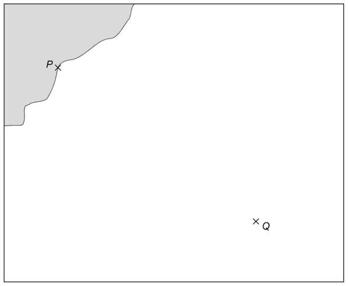 Scale diagram in a rectangle: coastline shaded in the top left corner with port P on the coast, and lighthouse Q marked towards the bottom right