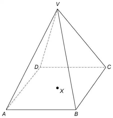 Square-based pyramid VABCD with apex V vertically above X, the centre of the base ABCD