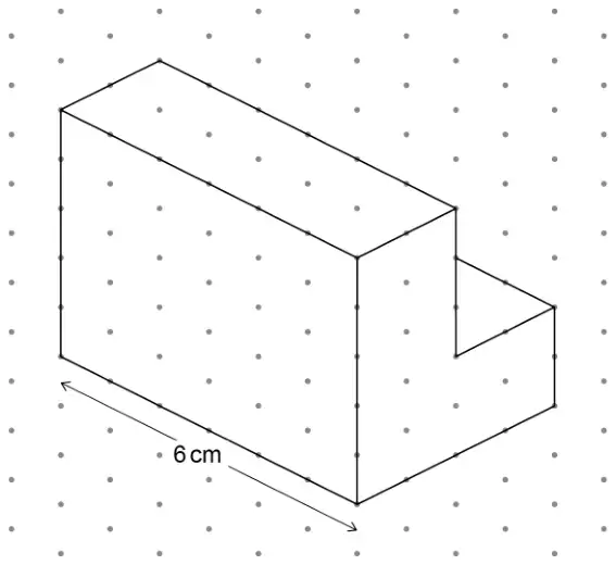 Prism on an isometric dot grid with length 6 cm; its L-shaped cross-section is 5 units tall and 2 units wide, with a step 2 units wide and 2 units tall at the bottom right