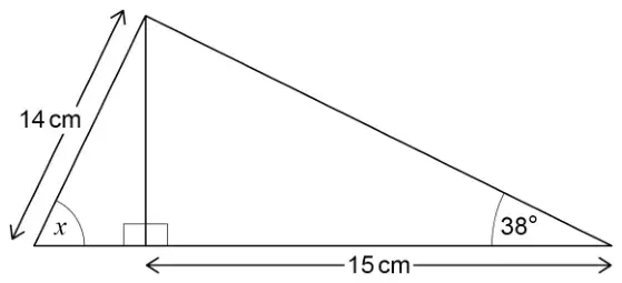 A large triangle split by a vertical line into two right-angled triangles. The left side is 14 cm with angle x at the bottom left. The base of the right-hand triangle is 15 cm with angle 38° at the bottom right