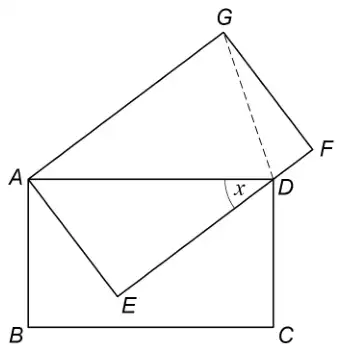 Rectangle ABCD with A top left, B bottom left, C bottom right and D top right. A congruent rectangle AEFG is tilted so that E is inside ABCD and D lies on EF. G is above AD and GD is drawn dashed. Angle ADE is x