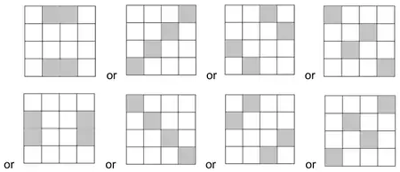 Eight 4 by 4 grids, each with 4 squares shaded giving exactly two lines of symmetry