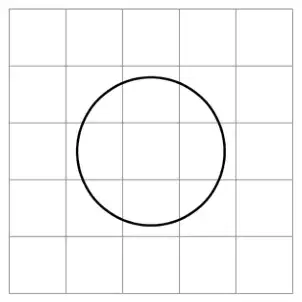A 5 by 5 centimetre grid with a circle in the middle that fits inside the central 3 by 3 block of squares