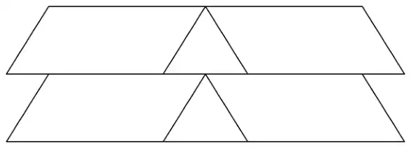 Two rows, one above the other. Each row is a triangle between two parallelograms, the three shapes together forming a trapezium