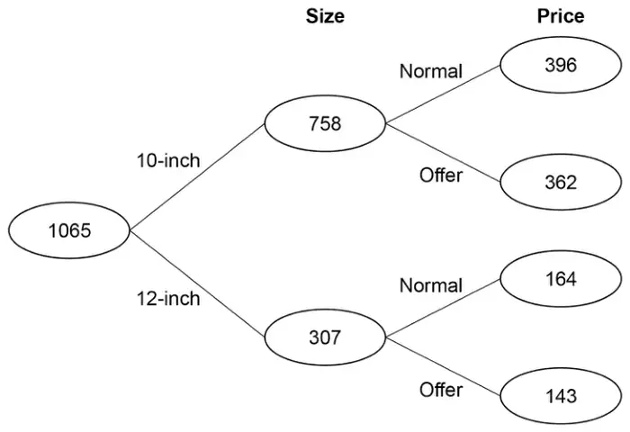 Frequency tree for week 2. 1065 pizzas: 10-inch 758 (Normal price 396, Offer 362); 12-inch 307 (Normal price 164, Offer 143)