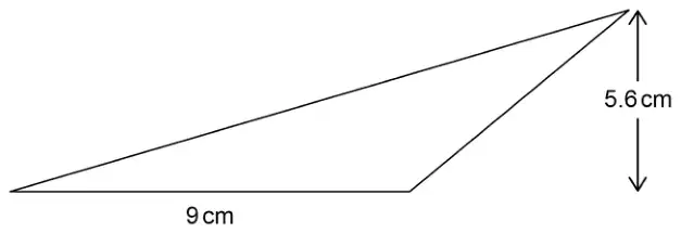An obtuse-angled triangle with base 9 cm; its perpendicular height of 5.6 cm is shown outside the triangle