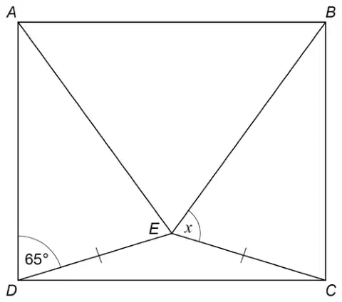 Rectangle ABCD with point E inside, joined to A, B, C and D. Angle ADE is 65°. Angle x is angle BEC