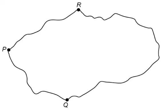 Sketch map: three towns P, Q and R joined by winding roads
