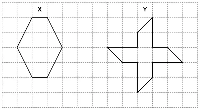 Centimetre grid. Shape X is a hexagon 3 squares wide and 4 squares tall with horizontal top and bottom sides of 1 cm. Shape Y is a pinwheel-shaped polygon