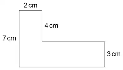 L-shape. The tall left part is 2 cm wide and 7 cm high; the step down on the inside edge is 4 cm; the right-hand end of the horizontal part is 3 cm high