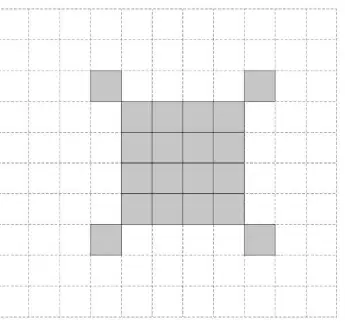 Pattern 4: a 4 by 4 block of squares with a square touching each corner diagonally