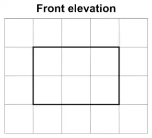 Front elevation on a centimetre grid: a rectangle 3 cm wide and 2 cm high