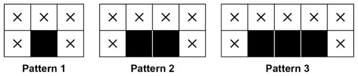 Patterns 1, 2 and 3. Each is two rows of squares. Pattern 1 is 3 squares wide, Pattern 2 is 4 wide and Pattern 3 is 5 wide. The top row and the two end squares of the bottom row have a cross; the other bottom-row squares are shaded
