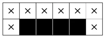 Pattern 4: top row of 6 crosses; bottom row cross, 4 shaded squares, cross