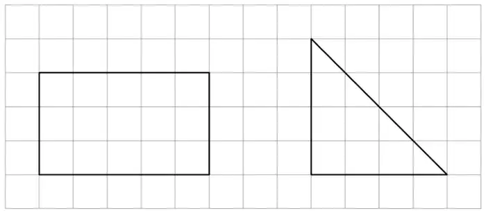 Square grid. A rectangle 5 squares wide and 3 squares tall. A right-angled triangle with base 4 squares and height 4 squares