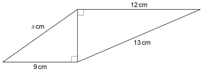 Two right-angled triangles sharing a vertical side. Left triangle: base 9 cm, hypotenuse x cm. Right triangle: top side 12 cm, hypotenuse 13 cm