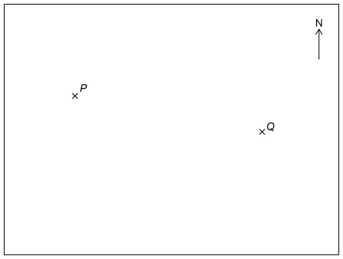 Map in a rectangular frame with a North arrow. Town P is marked towards the upper left and town Q to the right and slightly lower