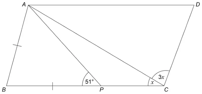 Parallelogram ABCD with A top left, D top right, B bottom left and C bottom right. P is on BC, with AB and BP marked equal. Line AP makes angle 51° with PC at P. Diagonal AC is drawn; at C the angle ACB is x and angle ACD is 3x