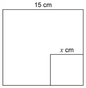 Large square of side 15 cm with a small square of side x cm in its bottom right corner