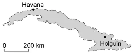 Map of Cuba with Havana marked in the north-west and Holguin in the south-east, and a scale bar from 0 to 200 km