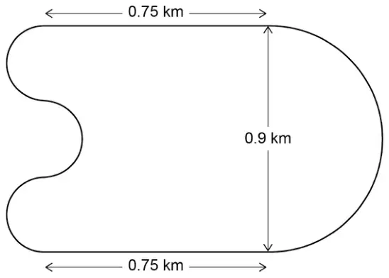Circuit made of two parallel straights of 0.75 km joined on the right by a large semicircle of diameter 0.9 km and on the left by three equal smaller semicircles