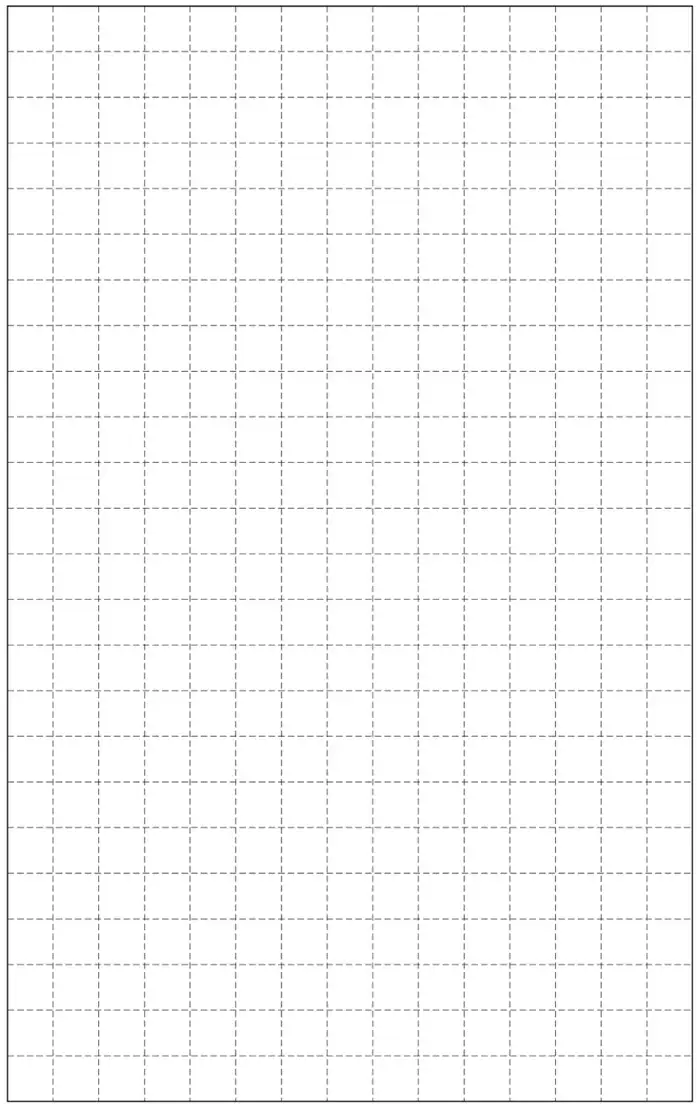 Centimetre square grid, 15 squares wide and 24 squares tall, with dashed grid lines