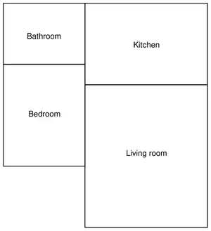 Correct scale drawing: Bathroom 4 cm by 3 cm above Bedroom 4 cm by 5 cm; Kitchen 6 cm by 4 cm above Living room 6 cm by 7 cm