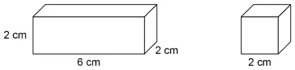 A small cuboid 6 cm by 2 cm by 2 cm, and a cube of side 2 cm