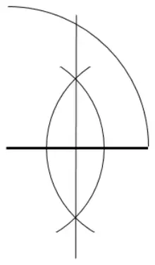 A base line with a perpendicular bisector constructed through it and a large arc from one end crossing the bisector