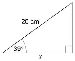 Right-angled triangle. The hypotenuse is 20 cm. The angle between the hypotenuse and the base is 39°. The base, x, is adjacent to the 39° angle and meets the vertical side at the right angle