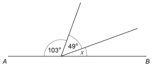 Straight line AB. Three angles on the line at one point: 103°, 49° and x