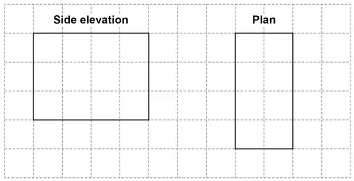 Centimetre grid. Side elevation: rectangle 4 cm wide and 3 cm high. Plan: rectangle 2 cm wide and 4 cm high