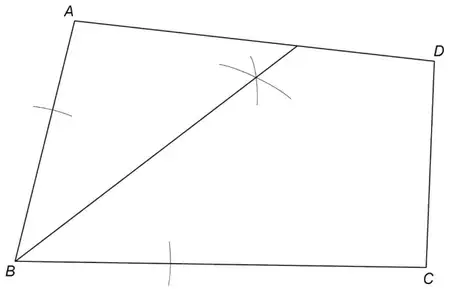 Construction: arcs centred at B cut BA and BC, two intersecting arcs from those points, and the bisector of angle ABC drawn from B to AD