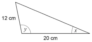 Triangle with sides 12 cm and 20 cm, angle y between them and angle x opposite the 12 cm side