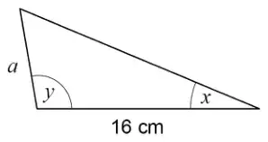 Smaller triangle with sides a and 16 cm, angle y between them and angle x opposite side a