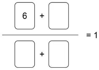 A fraction equal to 1. Numerator: card 6 plus an empty card space. Denominator: empty card space plus empty card space