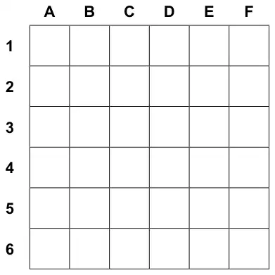 An empty 6 by 6 grid with columns A to F and rows 1 to 6