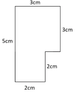 L-shaped plan: top 3 cm, left side 5 cm, bottom 2 cm, then up 2 cm, across 1 cm, and up 3 cm on the right