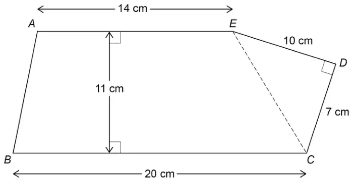 Pentagon ABCDE: AE = 14 cm parallel to BC = 20 cm, perpendicular height 11 cm; dashed line EC; ED = 10 cm and DC = 7 cm with a right angle at D